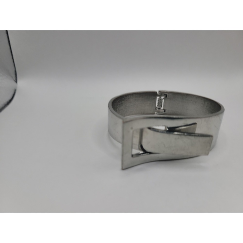 Silver Tone Belt Buckle Hinges Cuff Bangle Bracelet Modernist Statement Jewelry